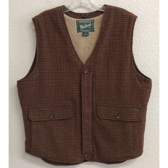Woolrich Teton Vest Mens Large Wool Blend Sherpa Lined Brown Houndstooth Zip - Picture 1 of 11